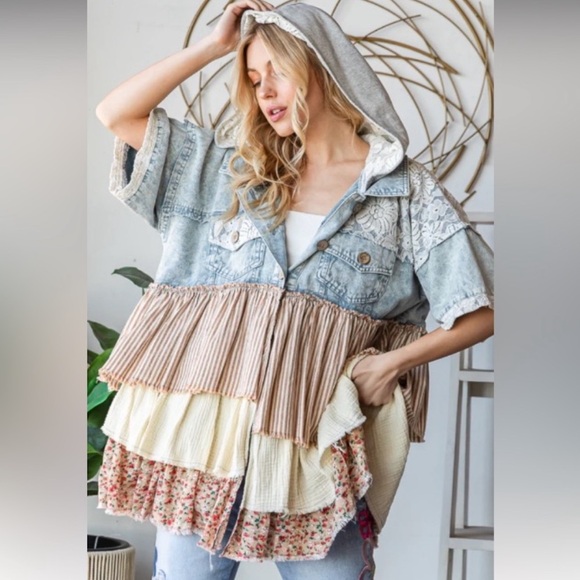 Oli & Hali Tops - Oli & Hali Multi Tiered  Patchwork Button Down Hooded Shirt